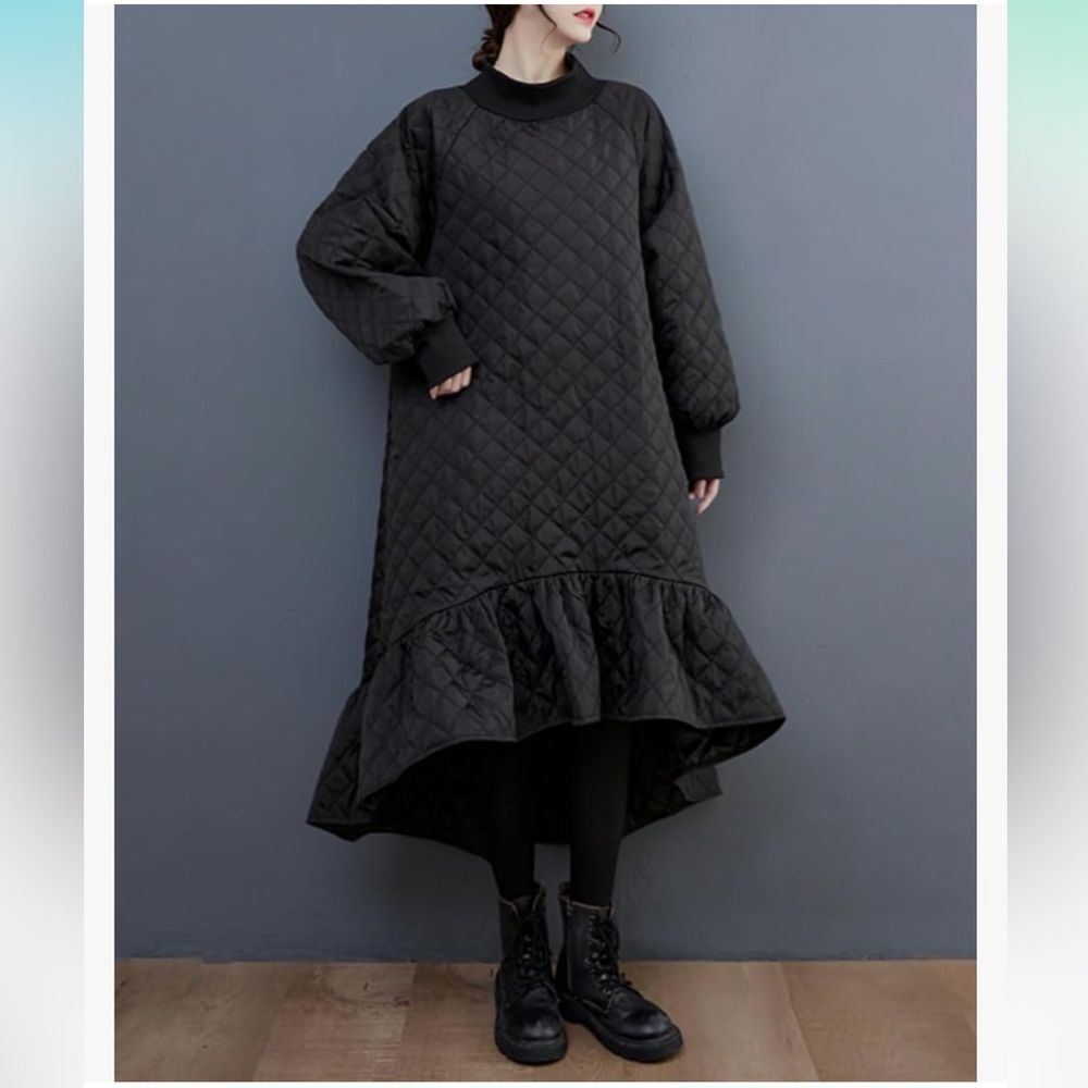 Quilted Dress Asymmetrical Oversized Ruffle Marielle Amelo Black Mock Neck Os